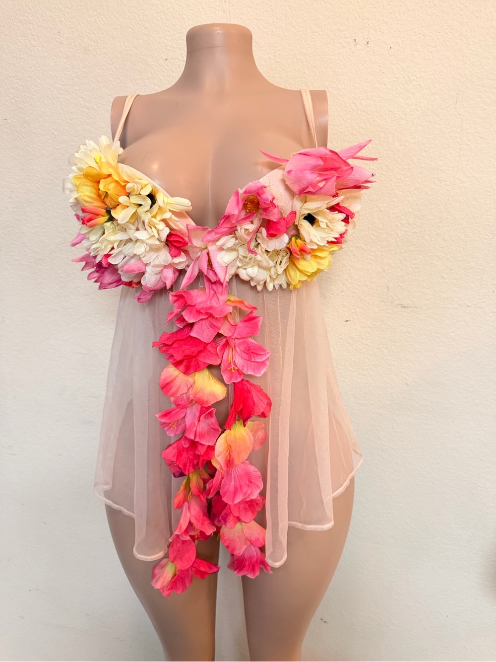 Victoria's Secret Sheer Floral Babydoll Chemise in Pink & Yellow
